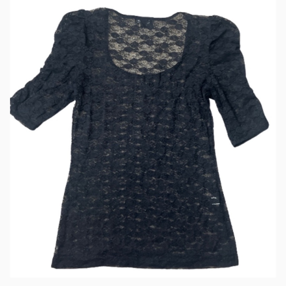 Express Black Lace Cinched Puff Short Sleeves Blouse Top - Picture 4 of 9